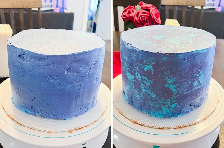 Before and after Fortnite cake with marbled purple blue frosting
