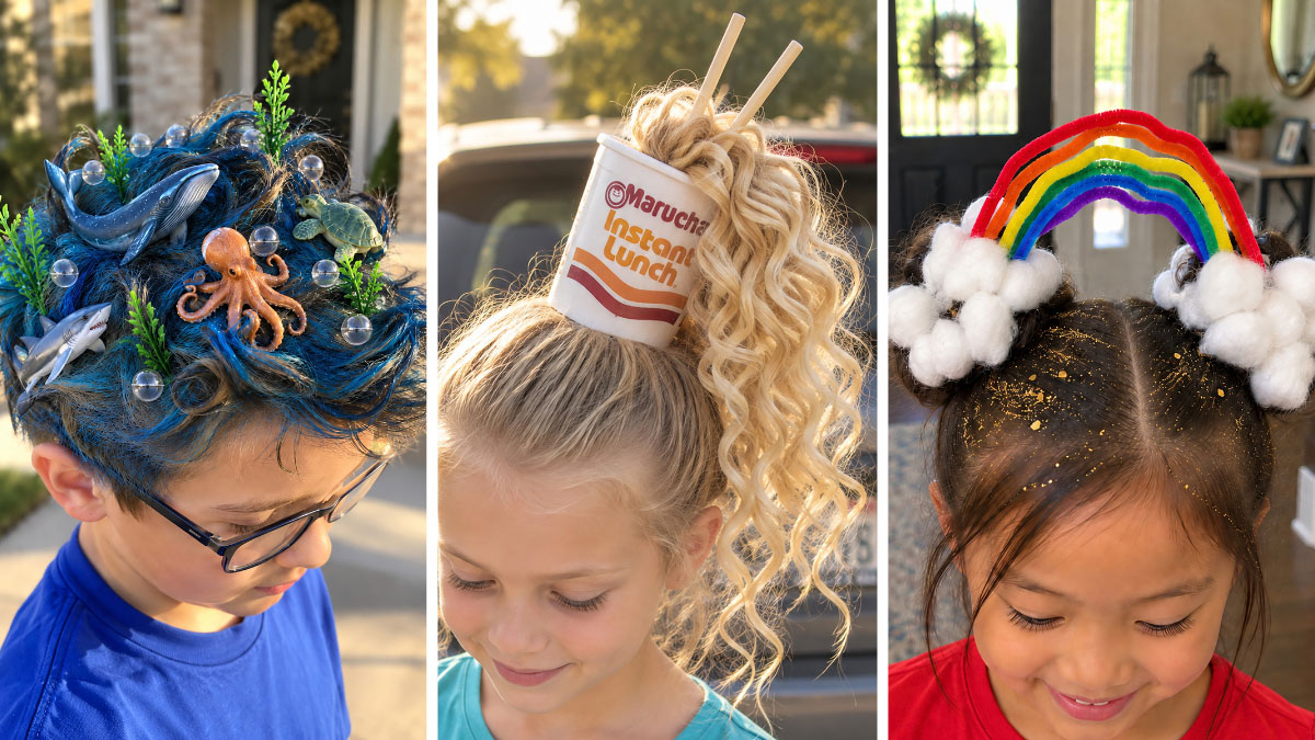 Collage of ocean, ramen noodle, and rainbow crazy hair ideas for kids.