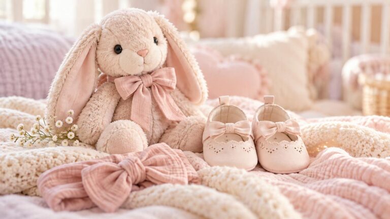 Pastel baby girl nursery scene with plush bunny, pink shoes, soft blankets, and a large blush bow.