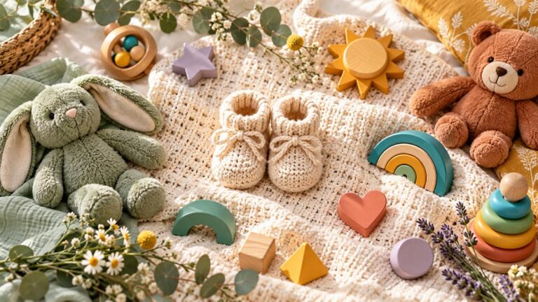 Cream knitted baby booties on a blanket, surrounded by colorful wooden toys, a green plush bunny, and a brown teddy bear.
