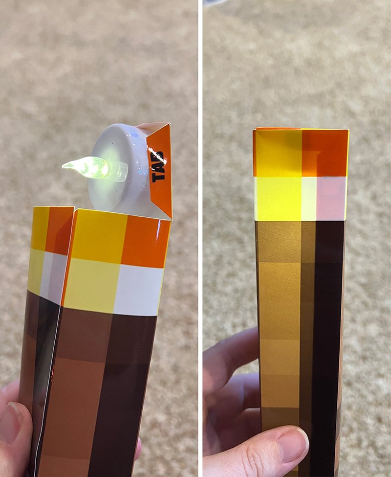 Two views of a DIY Minecraft torch with a pixelated brown handle and glowing LED flame at the top.