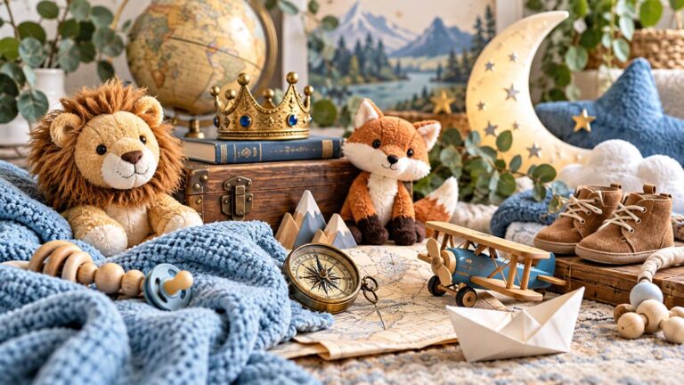 Whimsical nursery scene with lion and fox toys, globe, compass, airplane, baby shoes, map, moon, and blue blanket.