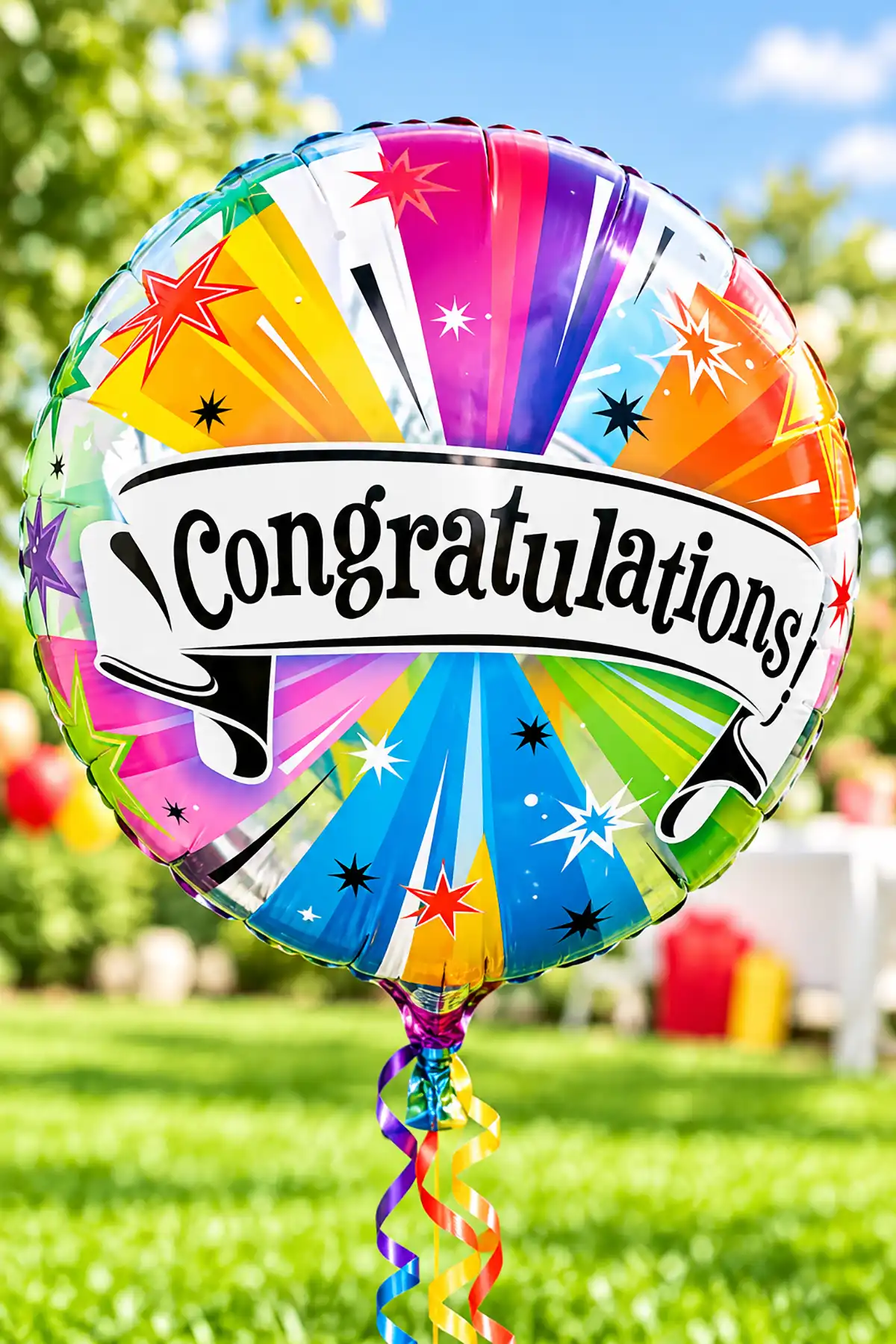 Colorful round Congratulations balloon with rainbow patterns and decorative stars for a surprise pregnancy announcement.