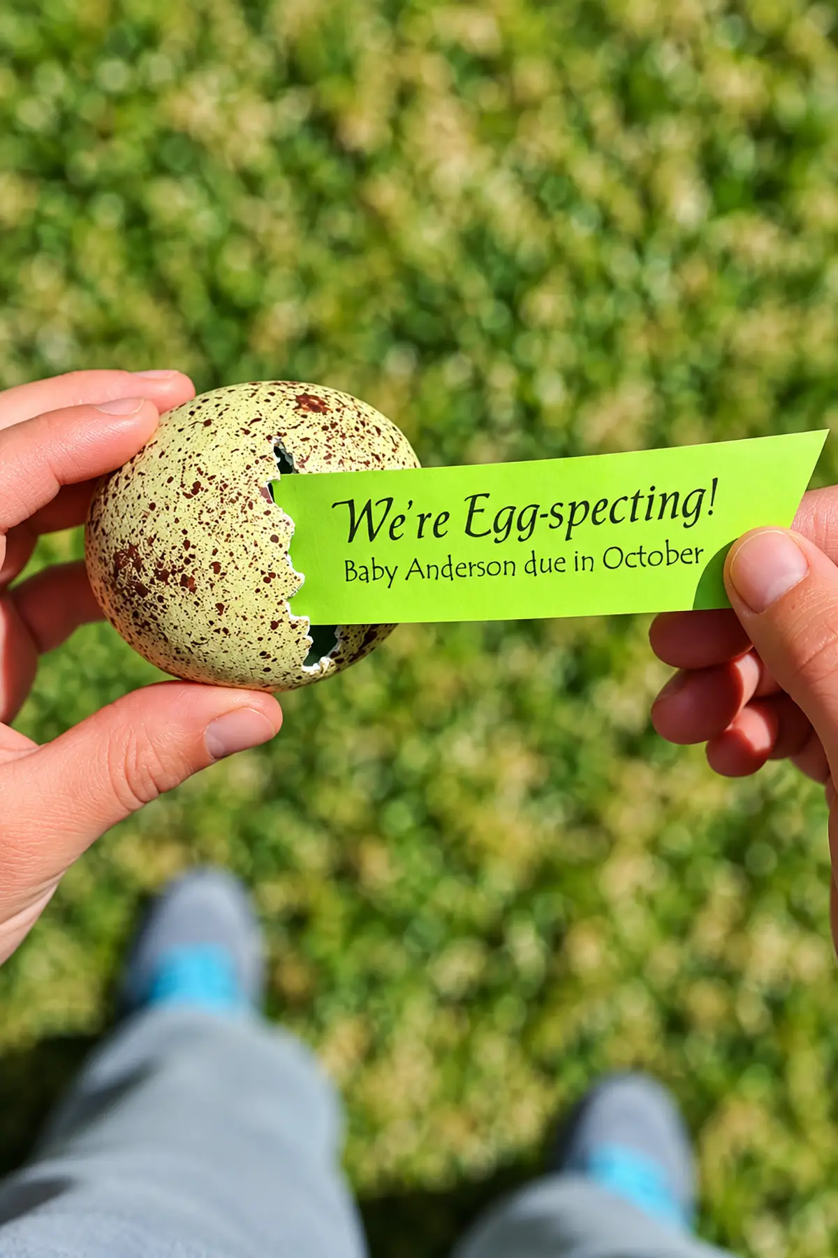 Cracked speckled egg revealing a green note reading "We're Egg-specting! Baby Anderson due in October."