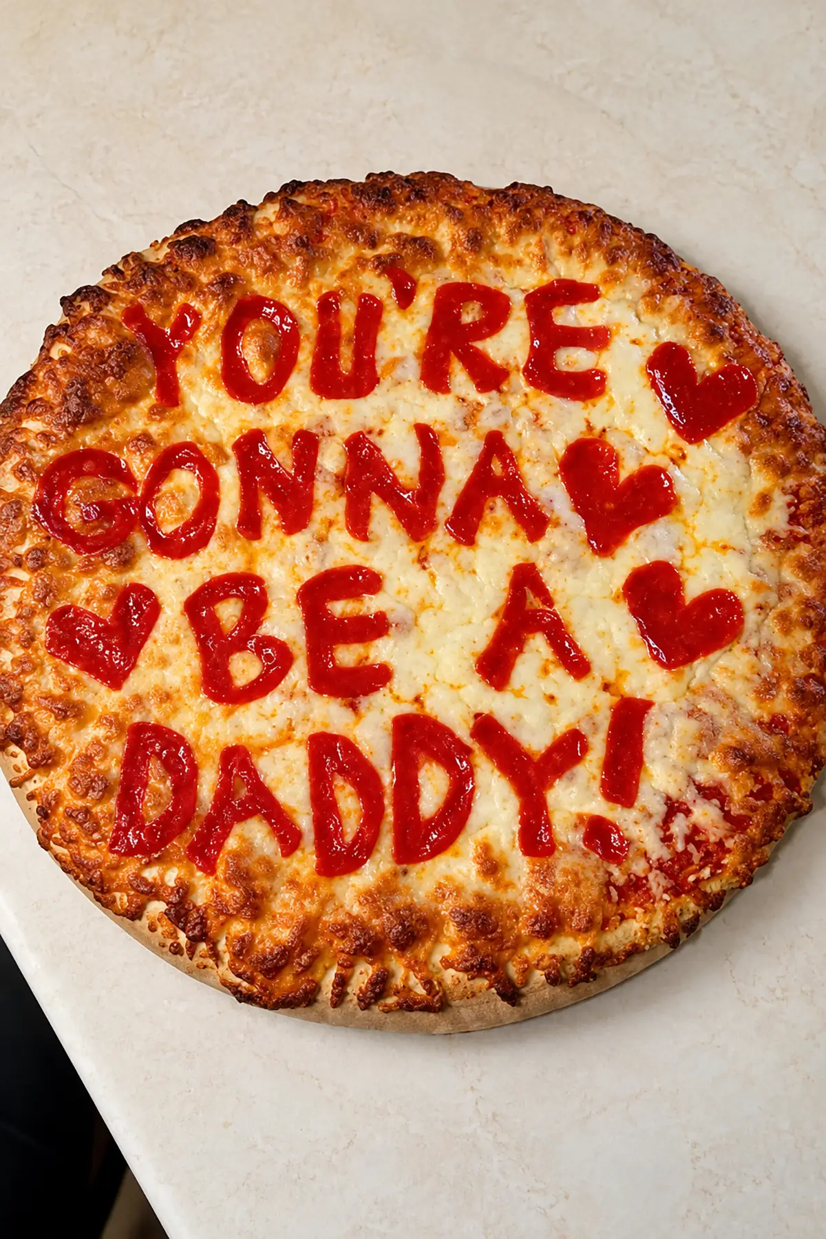 Cheese pizza with "You're Gonna Be a Daddy!" written in red sauce for a funny pregnancy announcement to husband.