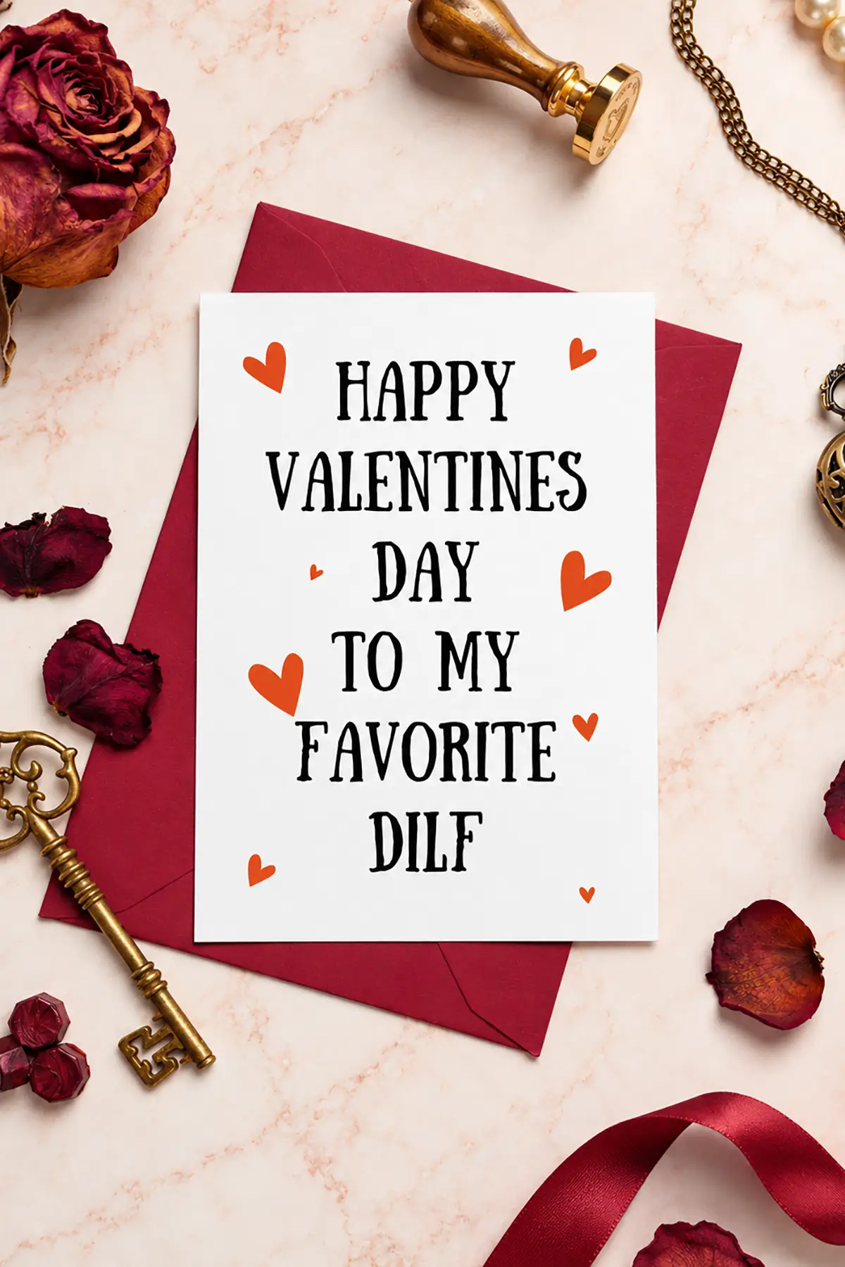 Funny Valentine's Day pregnancy announcement card reading "Happy Valentines Day to My Favorite DILF" with red hearts.