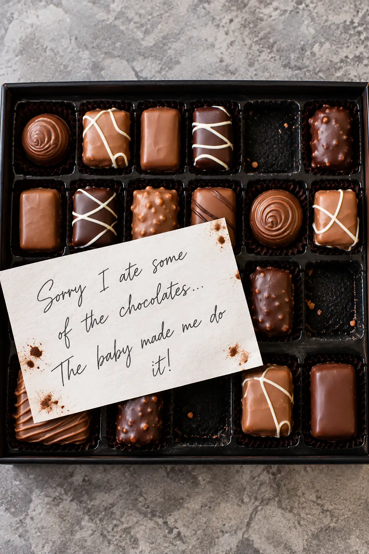 Partially eaten box of chocolates with a handwritten pregnancy announcement note saying "The baby made me do it!"