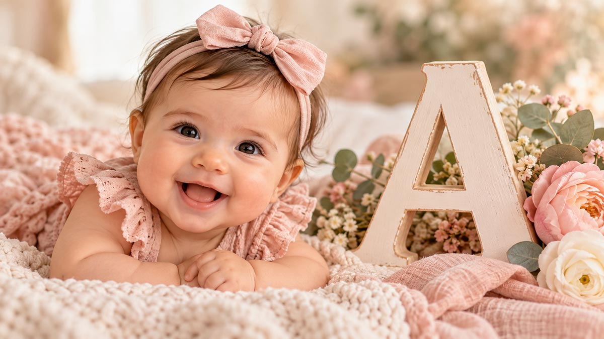 Smiling baby girl beside a decorative letter A with pink flowers for a post about girl names that start with A.