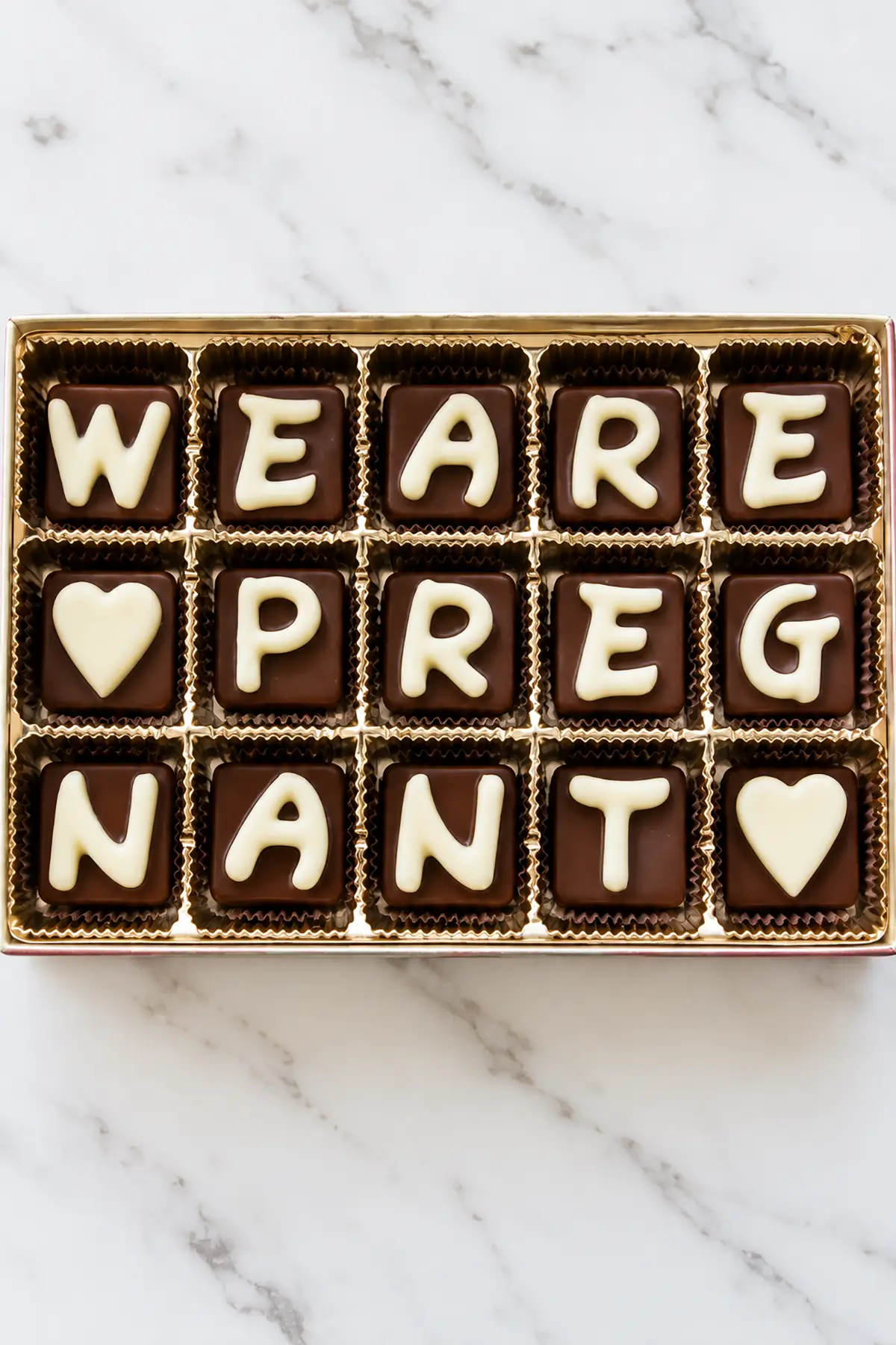 Box of chocolate candies spelling "We Are Pregnant" in white chocolate lettering with heart-shaped decorations.