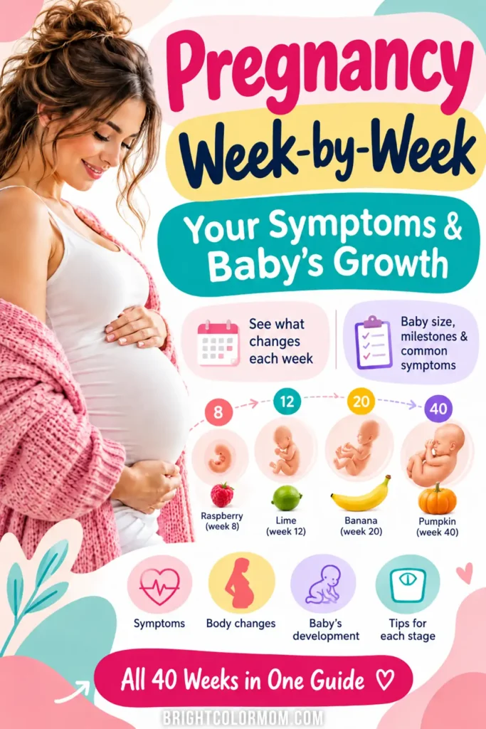 Pregnancy week-by-week guide showing baby's growth from weeks 3 to 40, fruit size comparisons, pregnancy symptoms, and developmental milestones.