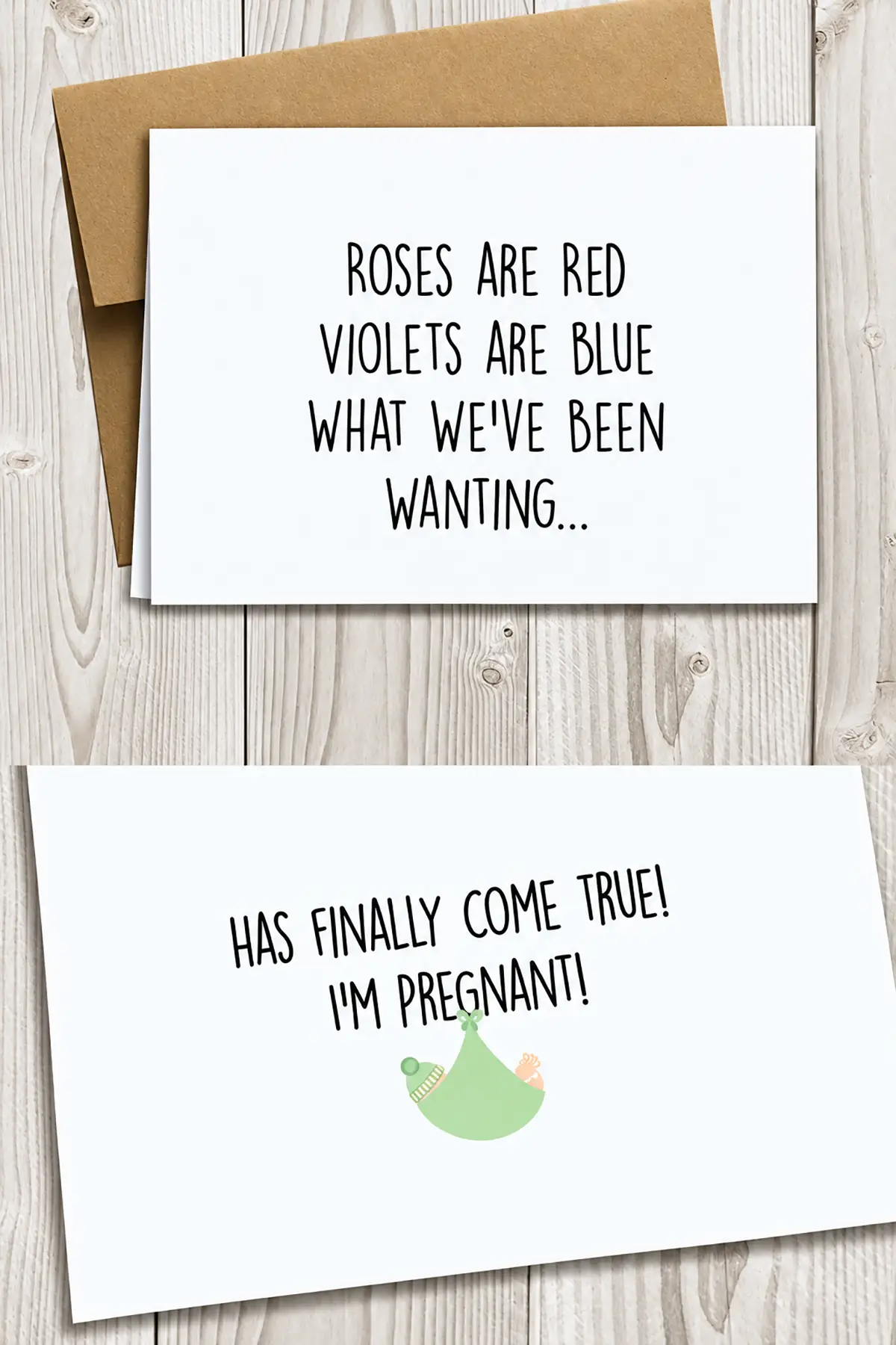 Valentine's Day pregnancy announcement card with a roses are red poem ending in "I'm Pregnant!" displayed on rustic wooden planks.
