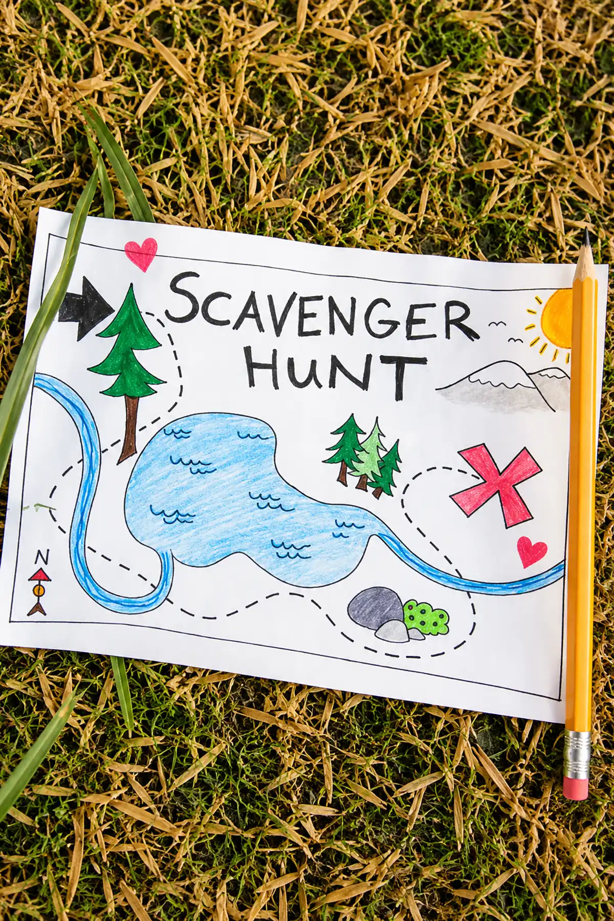 Hand-drawn scavenger hunt map with a dotted trail leading to a red X, used as a creative pregnancy announcement for a husband.