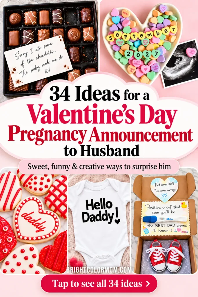 Pinterest pin featuring 34 Valentine's Day pregnancy announcement ideas for husbands, including chocolates, candy hearts, and baby gifts.